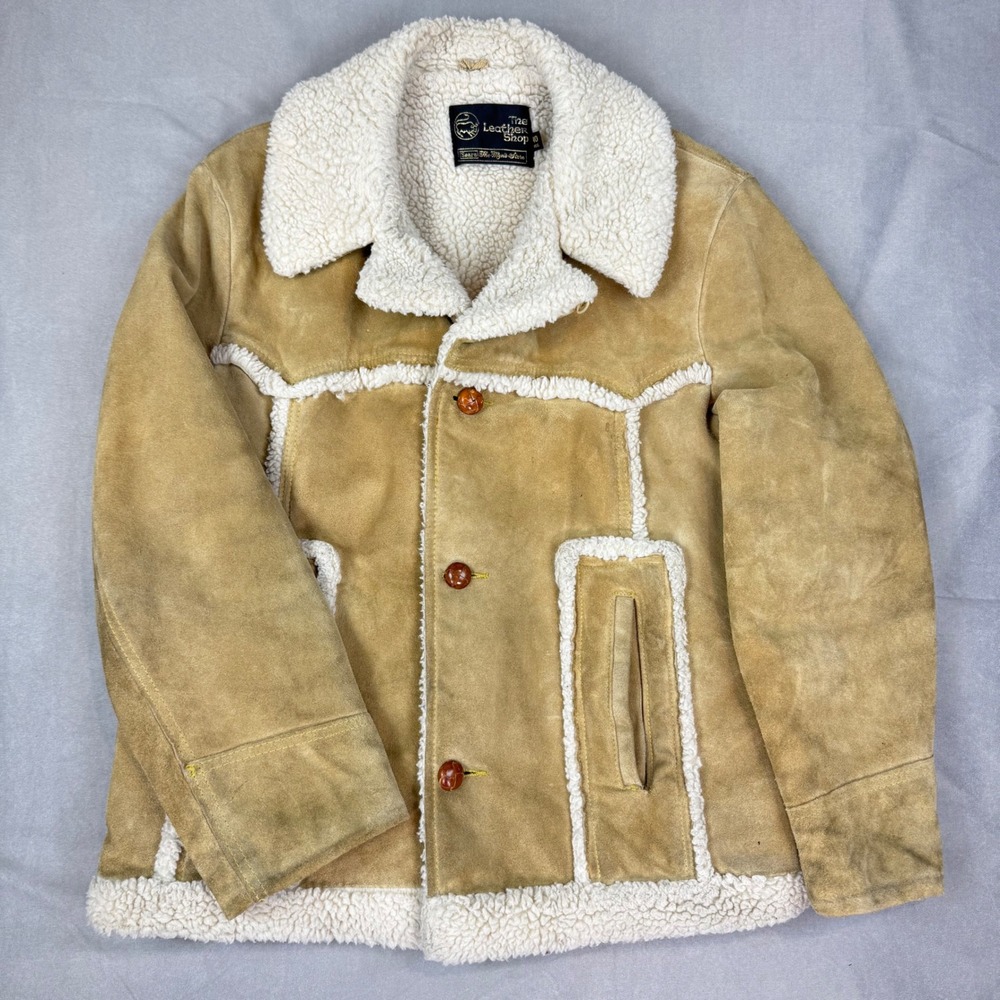 Vintage Sears The Leather Shop Suede Rancher Jacket Shearling Lined Tan Mens 40